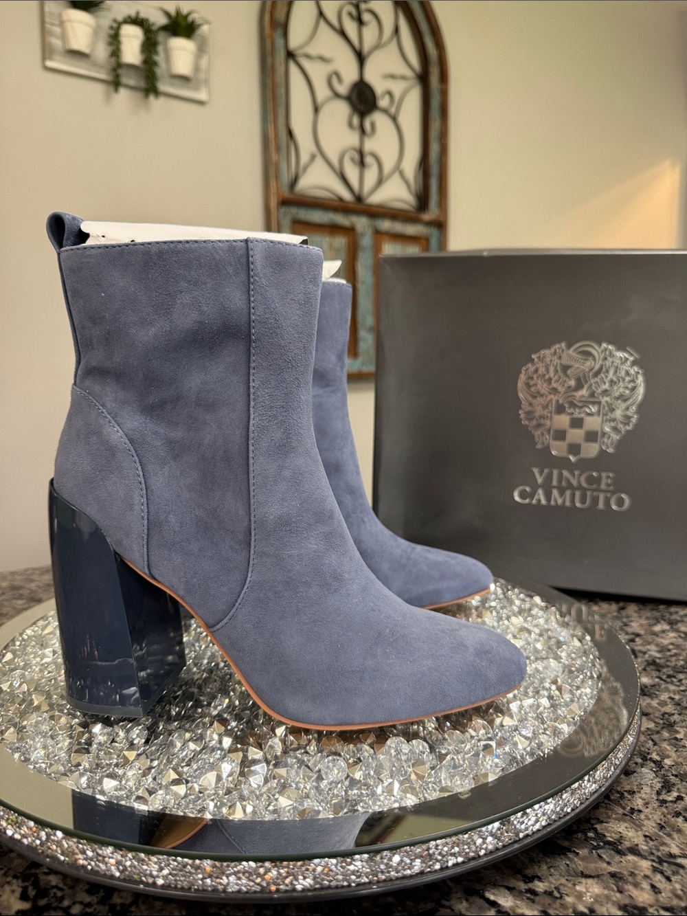 Vince Camuto Dusty Blue Suede leather Block Heel Ankle Boots NEW 7.5
